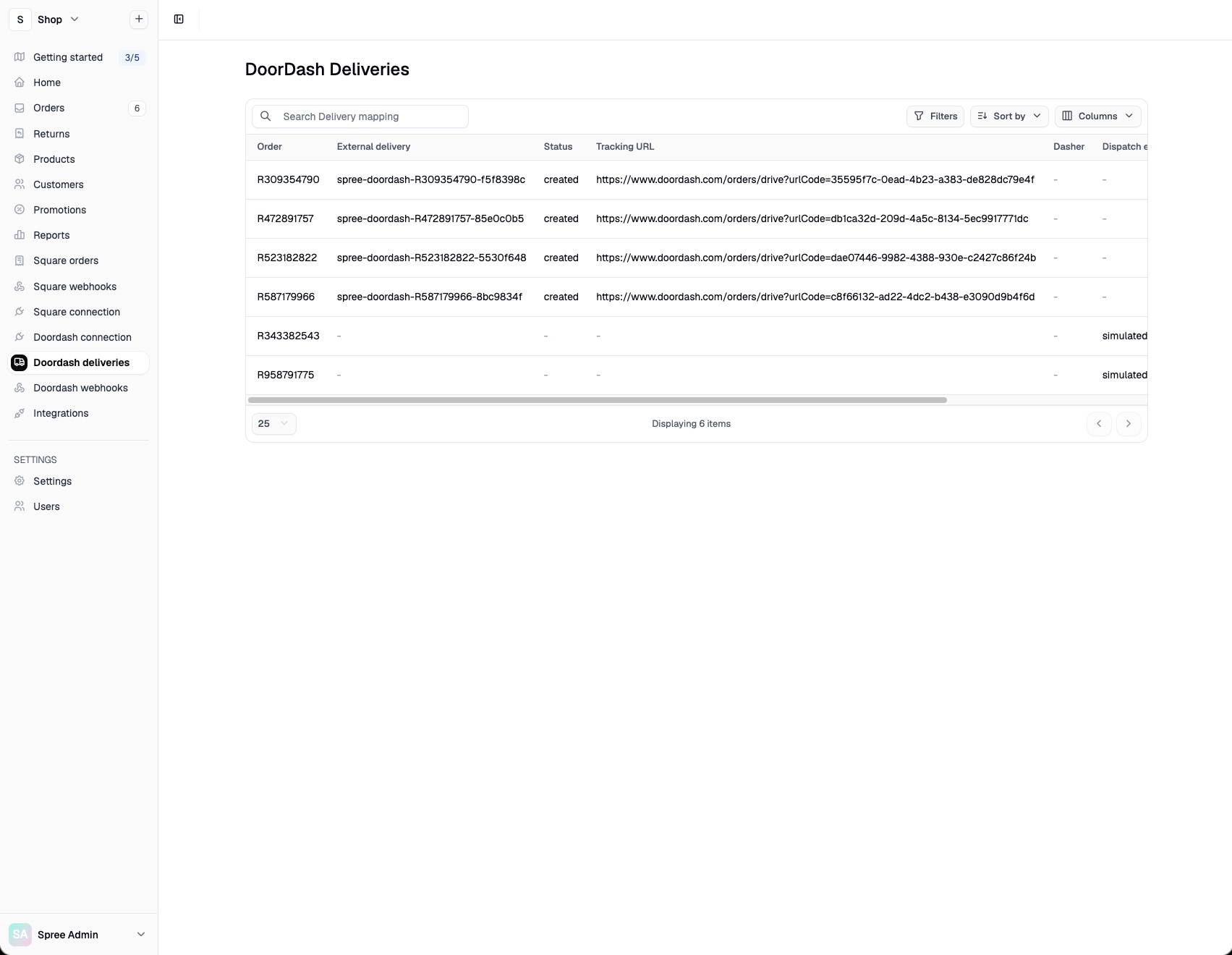 Admin DoorDash Deliveries table, showing order R309354790 with a real external delivery ID and DoorDash tracking URL, status "created"