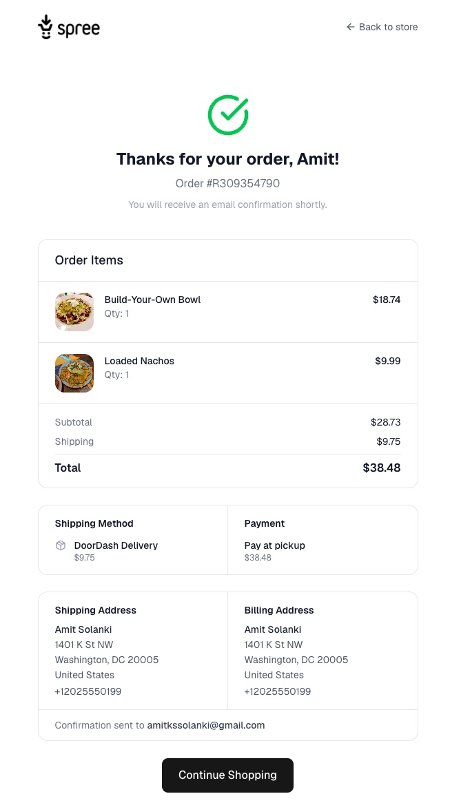 Order confirmation page for order #R309354790, showing both items, DoorDash Delivery at $9.75, and a $38.48 total