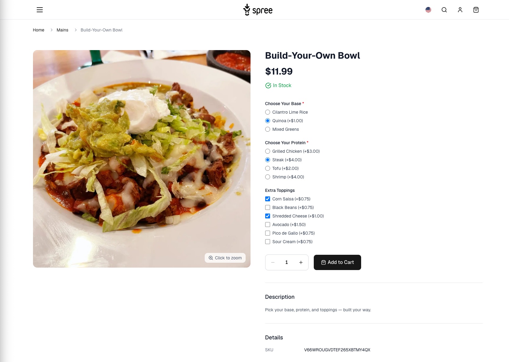 Build-Your-Own Bowl product page with Quinoa base, Steak protein, Corn Salsa and Shredded Cheese toppings selected