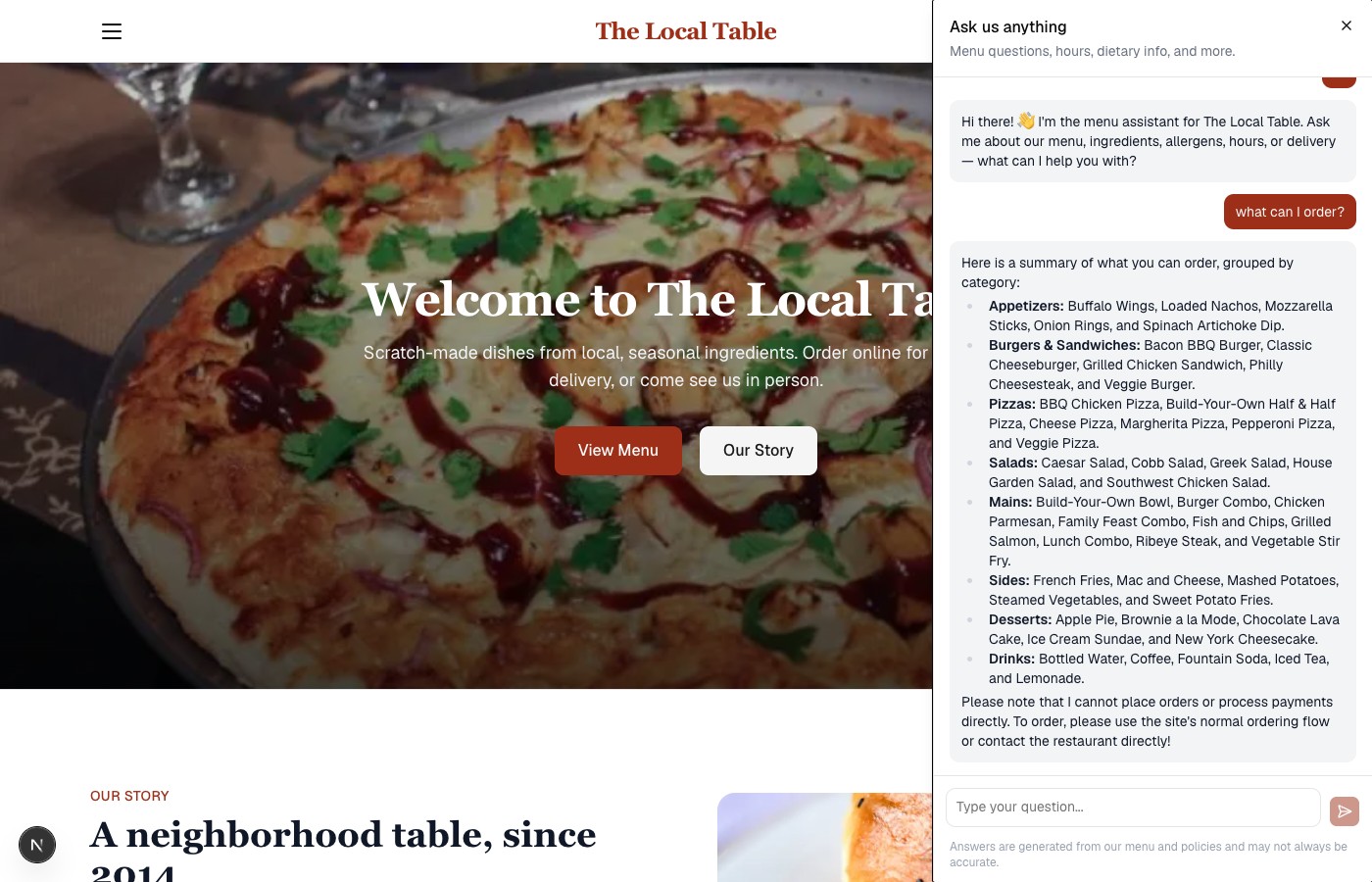 Chat widget listing every menu item, grouped by category, in response to "what can I order?"