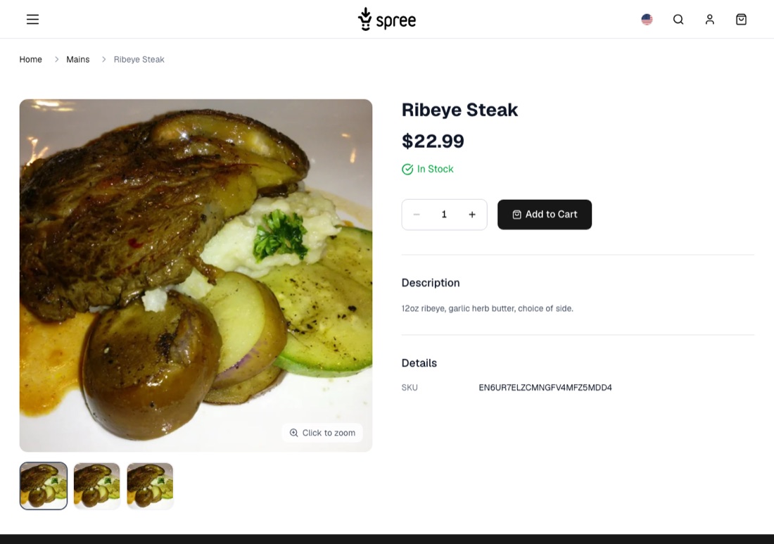 Ribeye Steak product page, choice of side described, price and stock pulled from Square