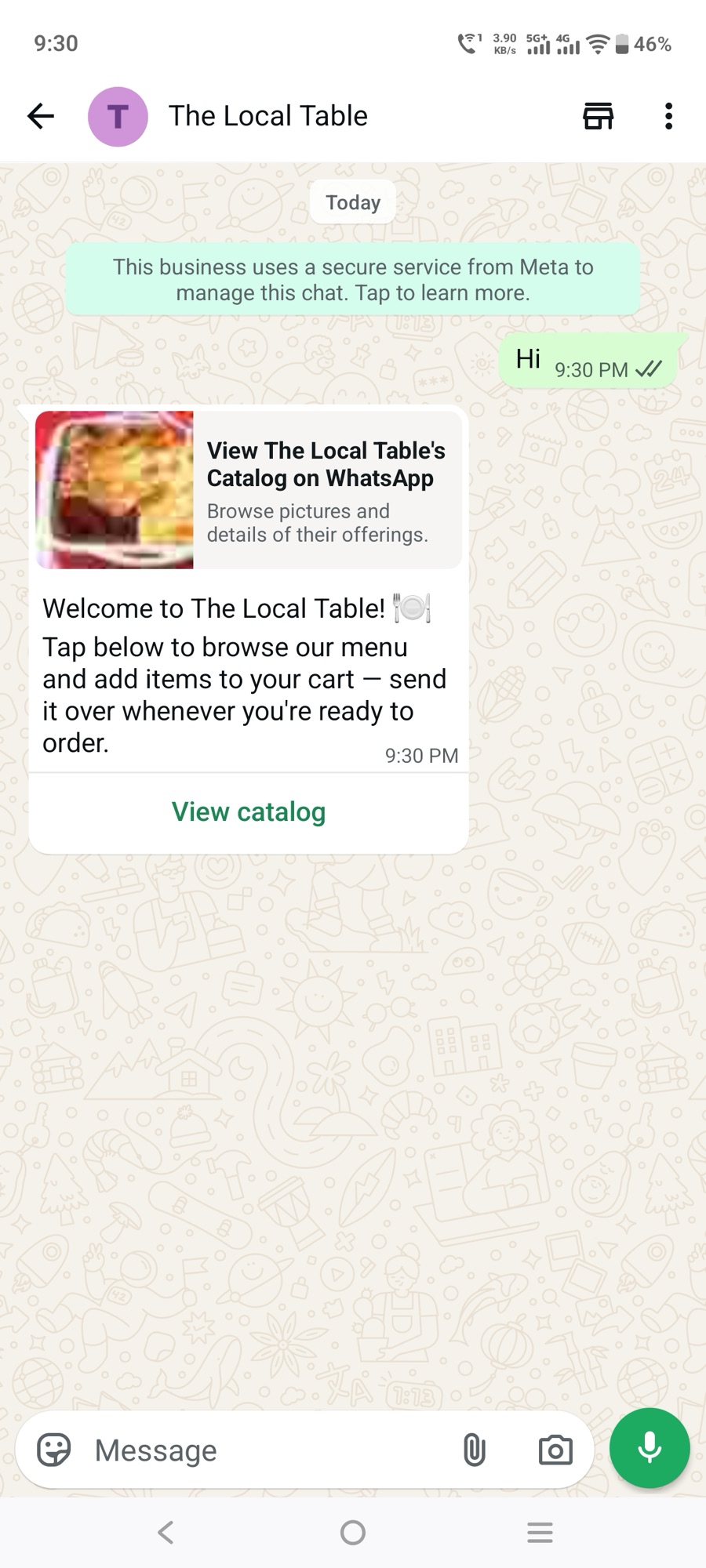 Customer sends "Hi", bot replies with the native catalog card